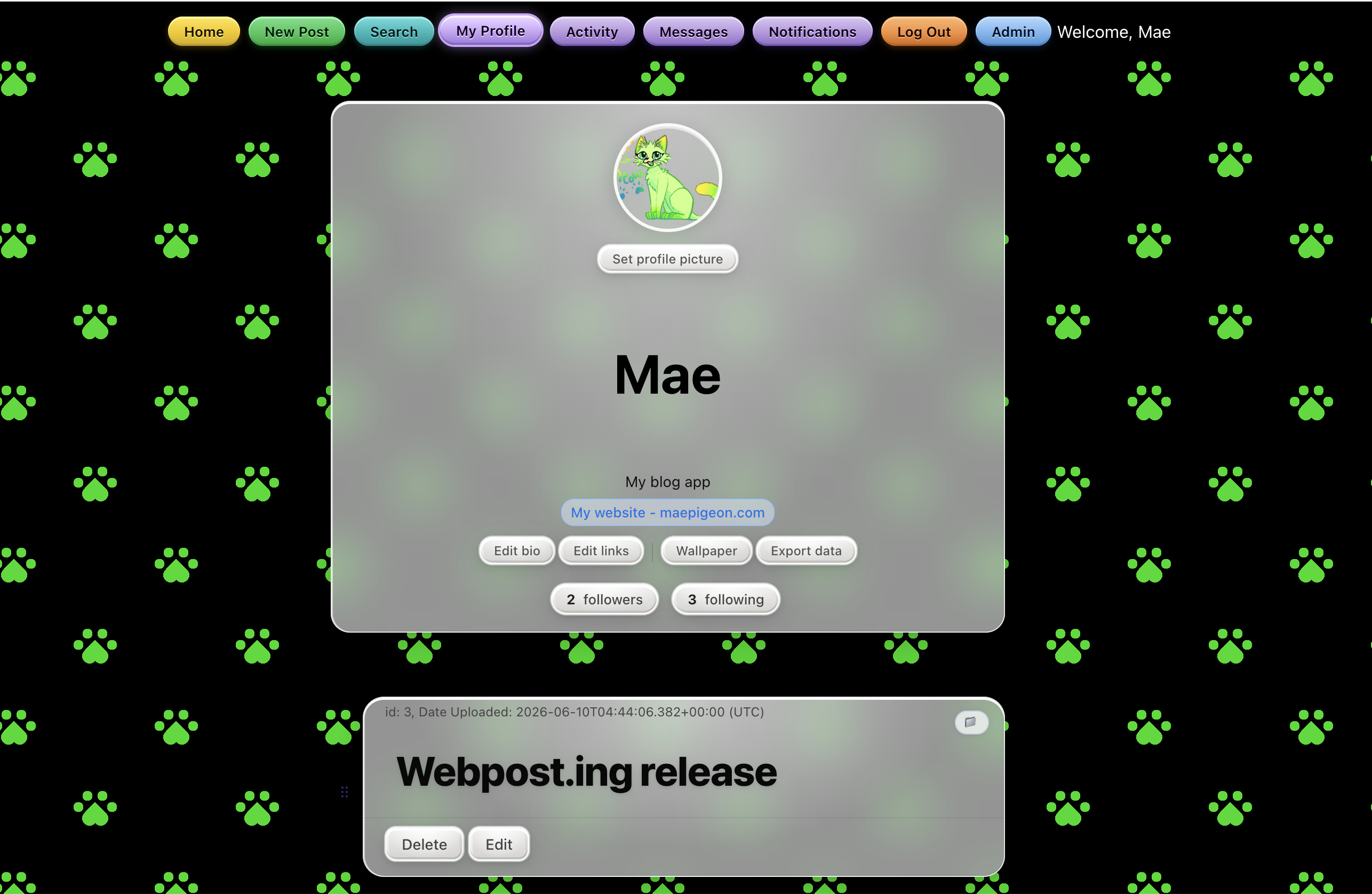 A screenshot of the Webpost.ing app.
